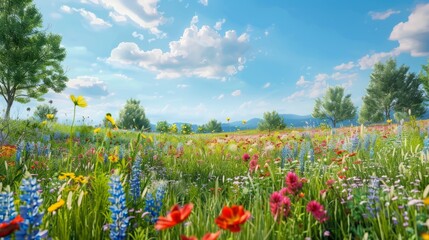 Beautiful spring landscape with colorful wildflowers in a green meadow on a blue day, generative AI hyper realistic 