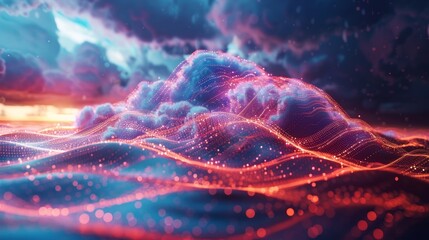 A dynamic 3D illustration of a cloud with digital waves emanating from it, showcasing the widespread reach of cloud services.