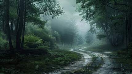 breathtaking landscape with road in the misty woods background 16:9 widescreen backdrop wallpapers hyper realistic 