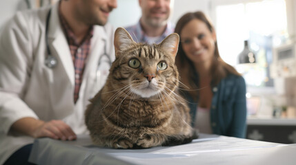 a close-up image of a cat sitting calmly on an examination table while the vet and the pet owner look on happily, showcasing the caring environment of the clinic, Healthy Pet, Vete