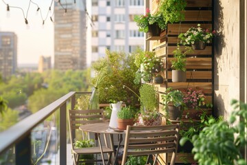 Urban Balcony Garden with Vertical Planters, Flowers, Bistro Table, and Cityscape View