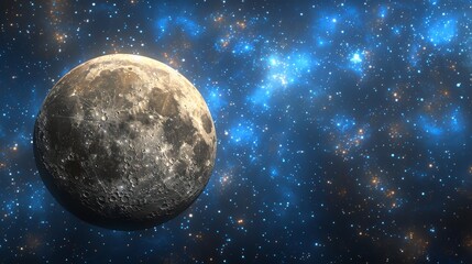  Artist's depiction of moon in night sky, surrounded by stars, featuring blue and yellow tones in foreground