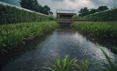 Fototapeta premium Water Harvesting Landscape Recycle System for Stormwater, Rainwater, and Wastewater Combined with Landscape Design