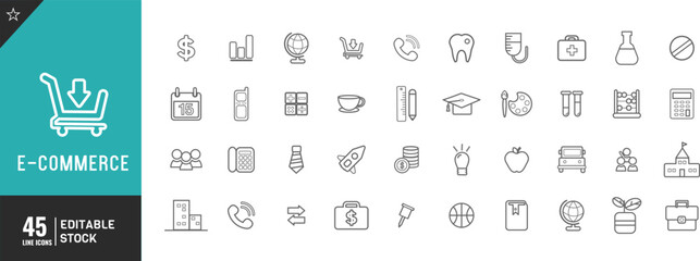 Editable e-commerce shop line icon set. Vector illustration.  Online Shopping, Shopping, Delivering, Free Shipping, Store, Internet, wish list, shopping Cart, shopping bag,