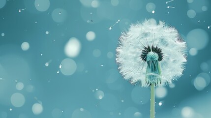  close-up of a dandelion against a blue backdrop, adorned with water droplets In the center, a softly blurred dandelion