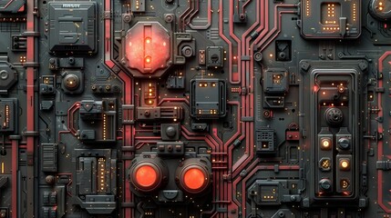 Abstract Futuristic Circuitry With Red and Orange Lights