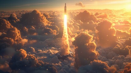 A symbolic 3D illustration of a rocket launching from Earth into a cloud-filled sky, symbolizing the beginning of a journey into space exploration.