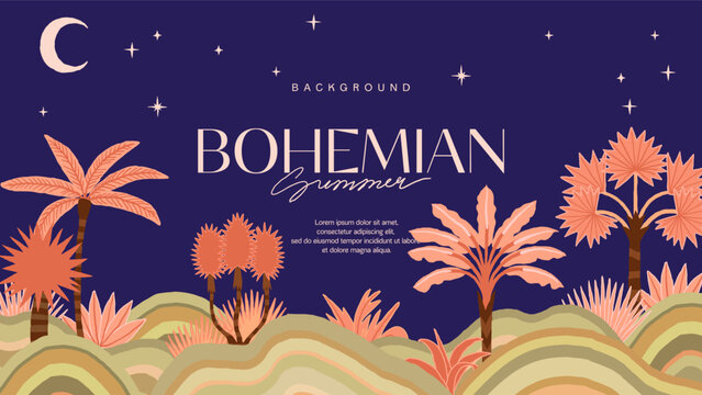 Bohemian summer, Tropical background with palms and moon. Night botanical design for hotel, spa, travel agency