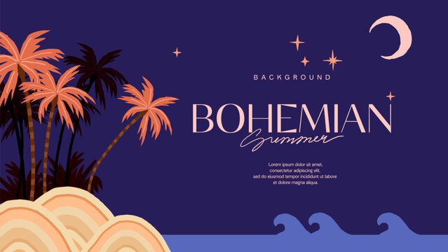 Night Tropical summer background with palms, waves and beach. Summer placard poster flyer invitation card. Bohemian summer