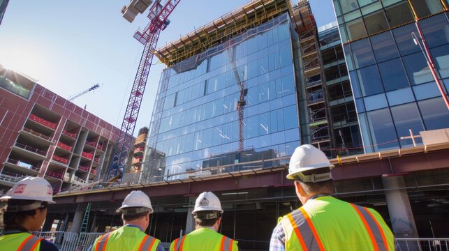 team of engineers wearing yellow safety vests and white hard hats stands in front of construction site