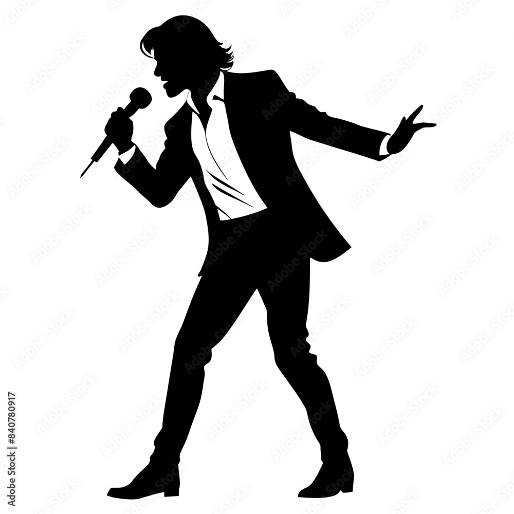 Poster a singer dance pose with singing holding a microphone in front of mouth vector silhouette, isolated 