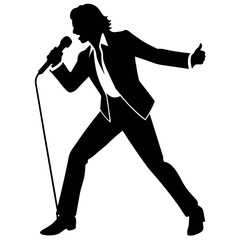 A singer Dance Pose with singing holding a microphone in front of mouth vector silhouette, isolated white background