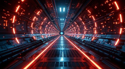 Abstract Futuristic Tunnel With Red Neon Lights