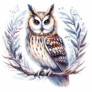 owl snow owl watercolor painting on white background