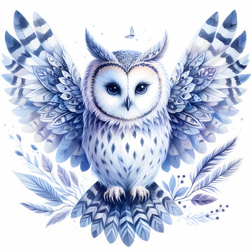 owl snow owl watercolor painting on white background