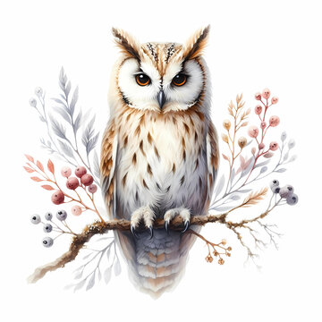 owl snow owl watercolor painting on white background