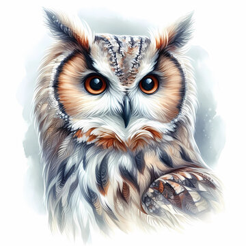 owl snow owl watercolor painting on white background