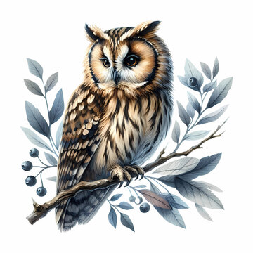 owl snow owl watercolor painting on white background
