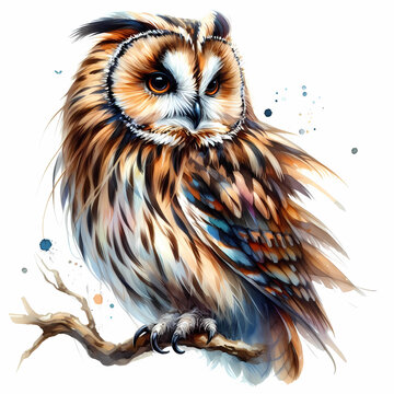 owl snow owl watercolor painting on white background