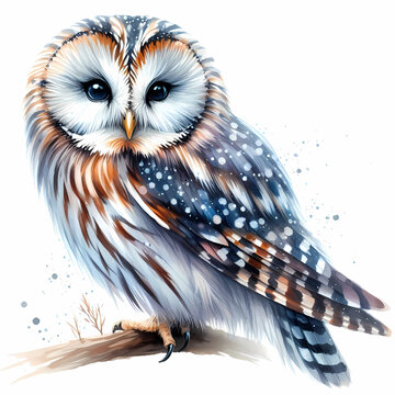 owl snow owl watercolor painting on white background