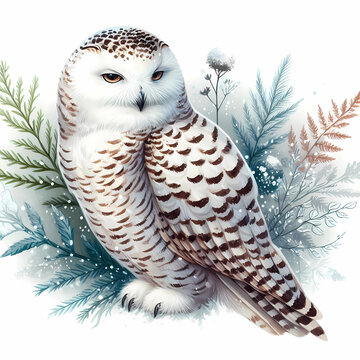 owl snow owl watercolor painting on white background