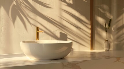 Fototapeta premium Empty bathroom counter with a luxury round ceramic washbasin and golden faucet, bathed in morning sunlight, blank space for product display, minimalistic, photorealistic