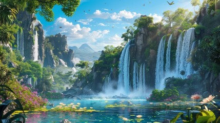 Fantasy landscape with waterfalls, panorama. Generative AI hyper realistic 