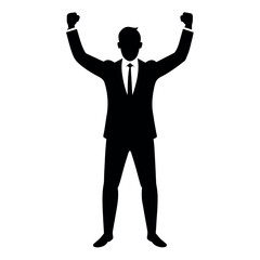 Business man cheers and clenches his fists, vector black color silhouette, isolated white background
