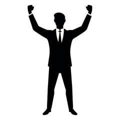Business man cheers and clenches his fists, vector black color silhouette, isolated white background