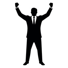 Business man cheers and clenches his fists, vector black color silhouette, isolated white background