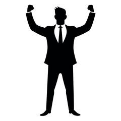 Business man cheers and clenches his fists, vector black color silhouette, isolated white background