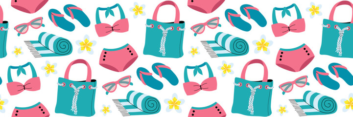 Beach life seamless pattern. Summer background with beach bag, swimsuit, towel, sandals, Plumeria.