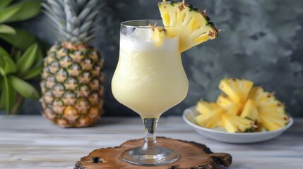 Tropical Pina Colada Cocktail with Pineapple Slices in Glass