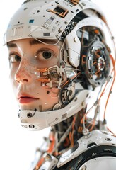 Fototapeta premium female artificial intelligence with a sideways look at the camera, pure white background;