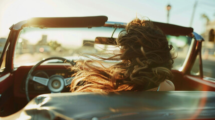 Close-up of a person driving a convertible with hair blowing in the wind