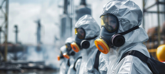 Naklejka premium Multiple people wearing protective suits and gas masks in front of an oil plant