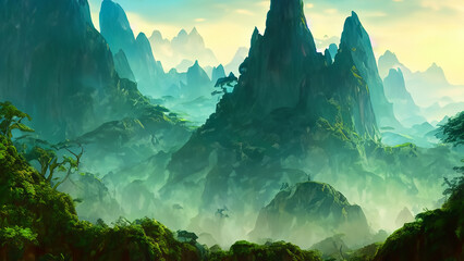 Obraz premium Green Hills and dark clouds landscape art illustration design