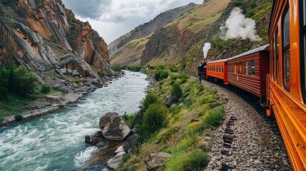 Fototapeta premium Train Along a River Gorge