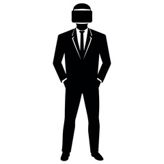business man stylish standing pose with shoes wearing a VR BOX on the face vector silhouette