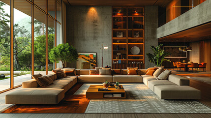 Large bright living room with large windows. Modern and luxury design elements.