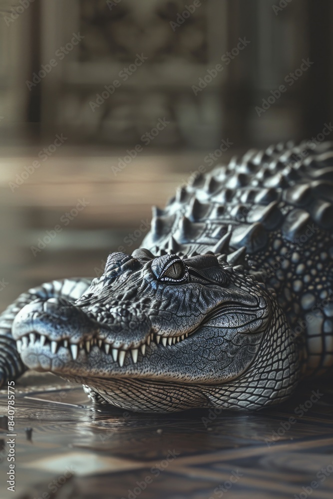 Poster a close-up view of a bronze or stone statue depicting a crocodile's head and jaws