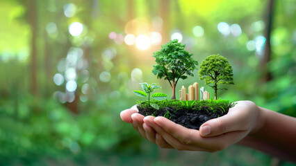 Hand holding green trees and buildings on the earth with a blurred background of a natural forest for the environment, ecology concept, and sustainable development, large space for copy