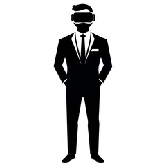business man stylish standing pose with shoes wearing a VR BOX on the face vector silhouette