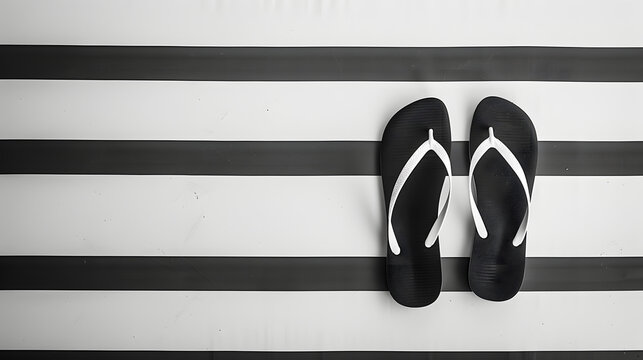 Black and white flip flops on a striped black and white background. Copy space for text. Summer concept.
