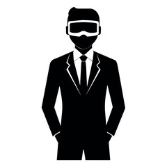 business man stylish standing pose with shoes wearing a VR BOX on the face vector silhouette