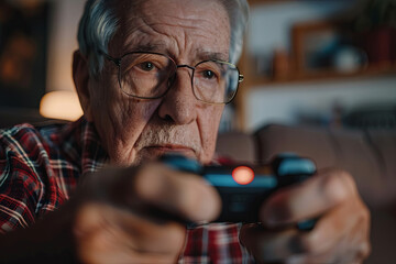 Senior enjoying interactive technology, engrossed in gaming excitement