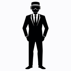 business man stylish standing pose with shoes wearing a VR BOX on the face vector silhouette