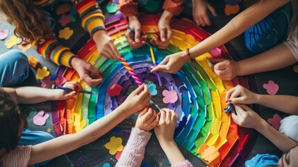 Children crafting together, creating a rainbow artwork with colorful materials, symbolizing collaboration and creativity in a fun and vibrant environment.