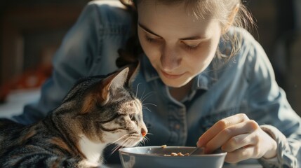 A woman is feeding a cat from a bowl of food, a simple and intimate moment