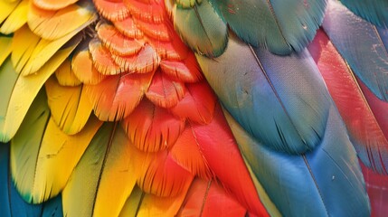 Fototapeta premium Close-up of vibrant, colorful parrot feathers showcasing the beauty of red, yellow, green, and blue hues in a stunning pattern.